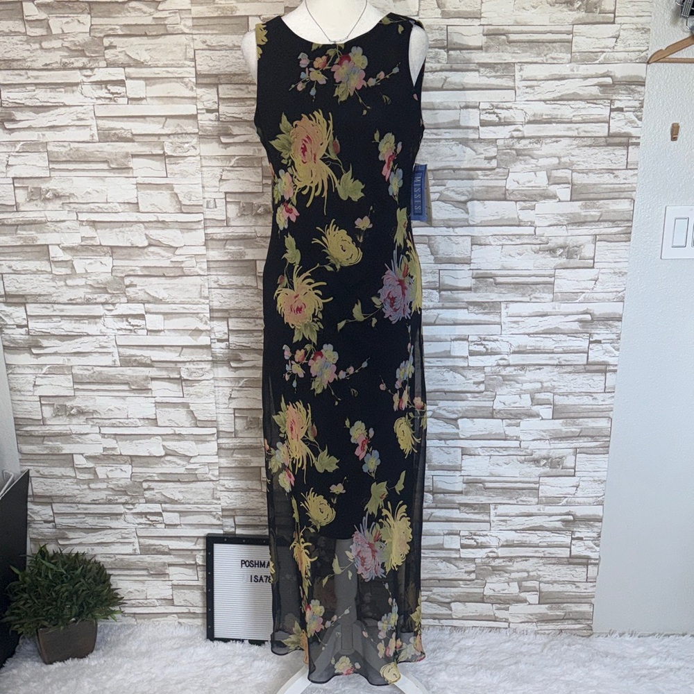 J.B.S. Black Floral Sheer with Yellow & Pink Blooms Maxi Dress
